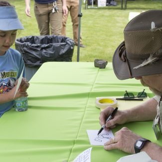 adult drawing a horse to small child